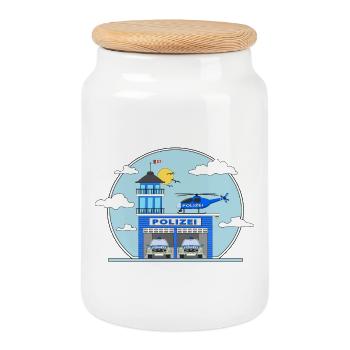 Police Station Helicopter and Police Car - Cookie Jar with Wooden Lid - white - Front