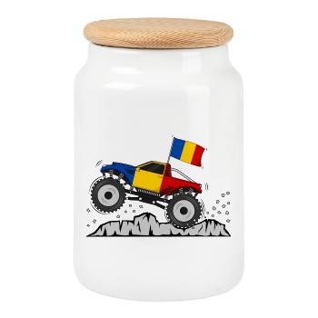 Rumänien Flagge Monstertruck  - Keksdose mit Holzdeckel - Weiß - Vorne