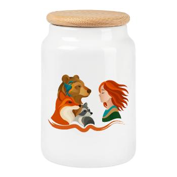 Mädchen mit roten Haaren und Waldtieren - Keksdose mit Holzdeckel - Weiß - Vorne