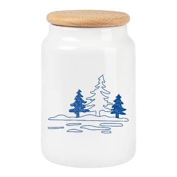 Abstract forest lake with pine trees - Cookie Jar with Wooden Lid - white - Front