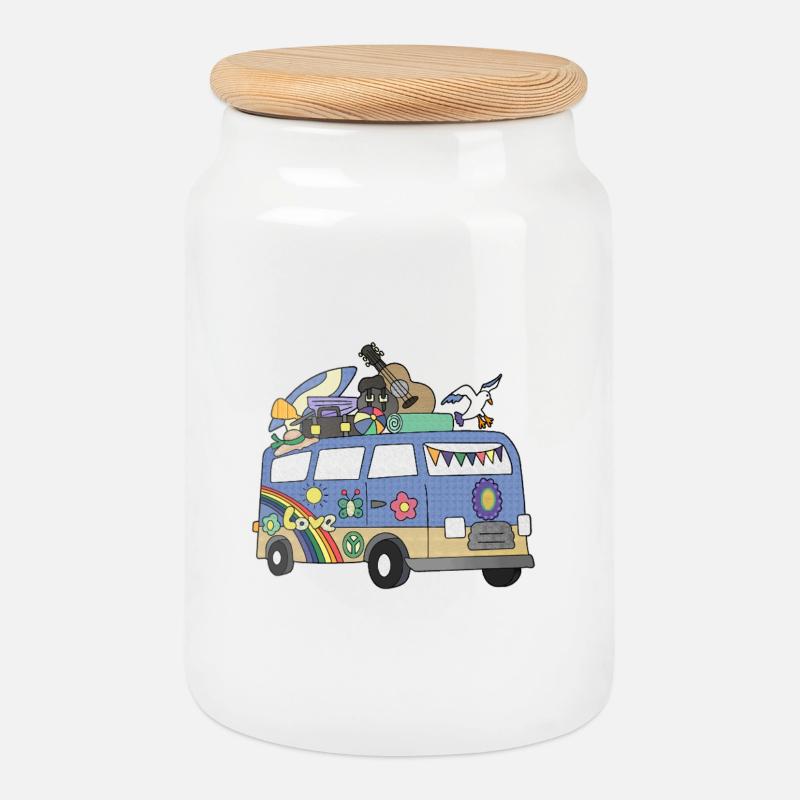 Paix, amour et camping-car - Boîte à biscuits avec couvercle en bois - blanc