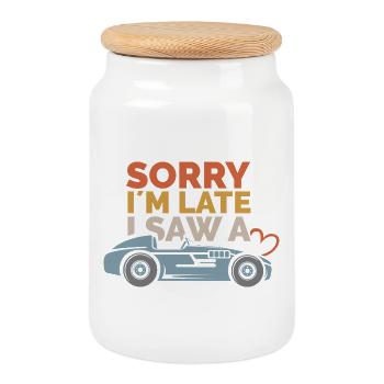 Sorry, i ́m late – Car Sayings Design - Cookie Jar with Wooden Lid - white - Front
