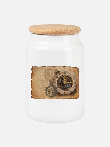 Steampunk Uhrwerk - Keksdose mit Holzdeckel - Weiß