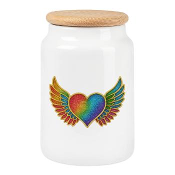 Coeur arc-en-ciel avec broderie d’ailes d’ange - Boîte à biscuits avec couvercle en bois - blanc - Devant