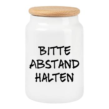 Bitte Abstand halten - Keksdose mit Holzdeckel - Weiß - Vorne
