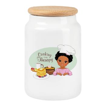 Cute dark skinned girl loves to bake pancakes - Cookie Jar with Wooden Lid - white - Front
