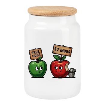 Funny apple motif with Free Hugs gag - Cookie Jar with Wooden Lid - white - Front