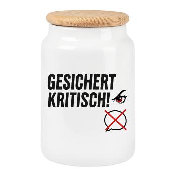 Gesichert Kritisch! Spruch Augen Design - Keksdose mit Holzdeckel - Weiß - Vorne