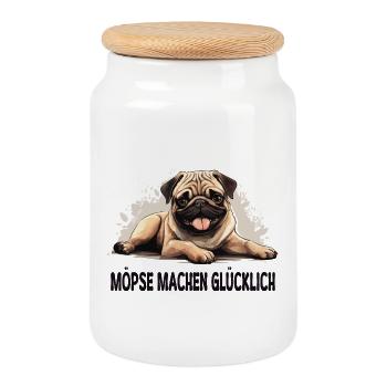 Pugs make you happy – Pug Fun Shirt - Cookie Jar with Wooden Lid - white - Front