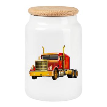 Powerful yellow-red truck - Cookie Jar with Wooden Lid - white - Front