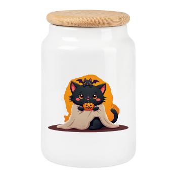 Halloween Katze mit Halloween Kürbis - Keksdose mit Holzdeckel - Weiß - Vorne