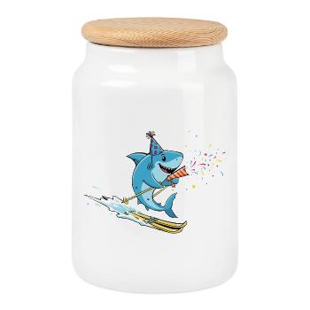 Party shark water skiing with trumpet and confetti - Cookie Jar with Wooden Lid - white - Front