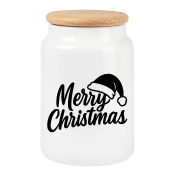 Joyeux Noël avec le Père Noël Hat - Boîte à biscuits avec couvercle en bois - blanc - Devant