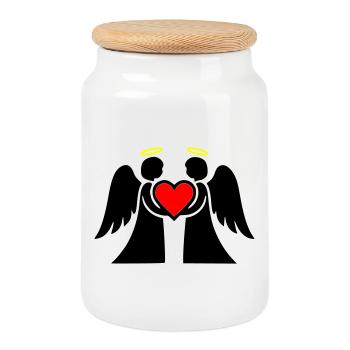 Angel couple with heart pictogram - Cookie Jar with Wooden Lid - white - Front