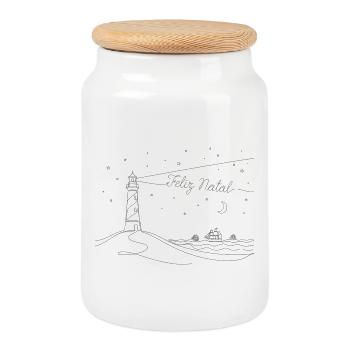 Feliz Natal, Christmas Spirit, Lighthouse, Sea - Cookie Jar with Wooden Lid - white - Front
