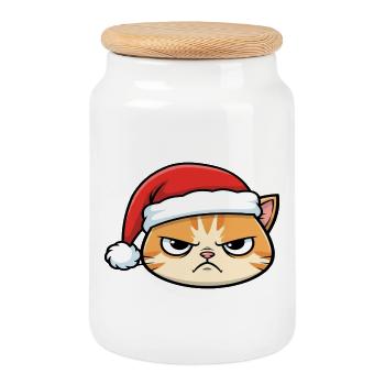 Chat agacé avec un chapeau de Noël - Boîte à biscuits avec couvercle en bois - blanc - Devant