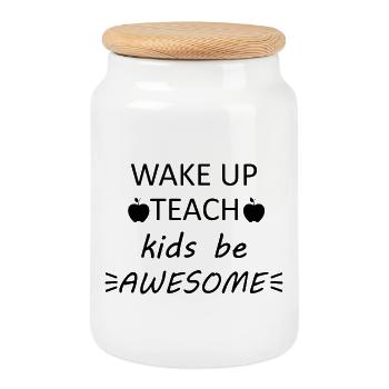 Wake up teach kids to be awesome - Cookie Jar with Wooden Lid - white - Front