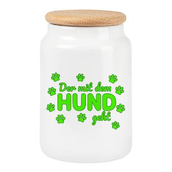 The one with the dog goes saying - Cookie Jar with Wooden Lid - white - Front