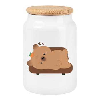 Sleepy Tired Capybara  - Cookie Jar with Wooden Lid - white - Front