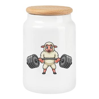 Dessin animé de battage de mouton fort avec haltères - Boîte à biscuits avec couvercle en bois - blanc - Devant