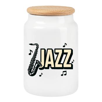 Typografie, Jazz, Saxophon, Musiknoten - Keksdose mit Holzdeckel - Weiß - Vorne