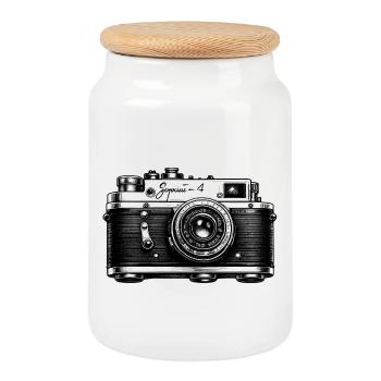 Vintage Camera Sketch - Cookie Jar with Wooden Lid - white - Front