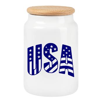 USA Flag Lettering - Cookie Jar with Wooden Lid - white - Front