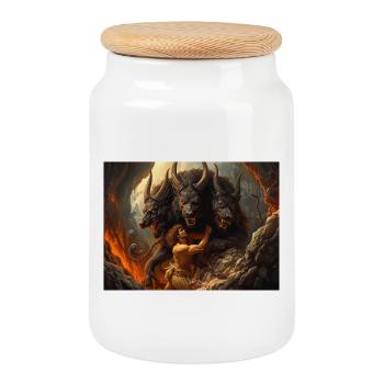 Heracles Brings Cerberus from the Underworld - Cookie Jar with Wooden Lid - white - Front