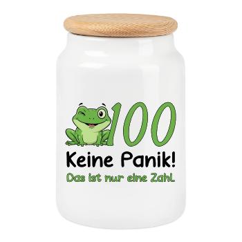100 Geburtstag Design – Keine Panik! Lustig Frosch - Keksdose mit Holzdeckel - Weiß - Vorne