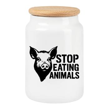 Arrête de manger des animaux, cochon - Boîte à biscuits avec couvercle en bois - blanc - Devant