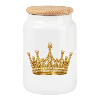 Couronne royale dorée avec des perles - Boîte à biscuits avec couvercle en bois - blanc - Devant