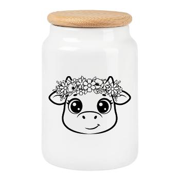 Silhouette de couronne florale de vache Bohème mignonne - Boîte à biscuits avec couvercle en bois - blanc - Devant