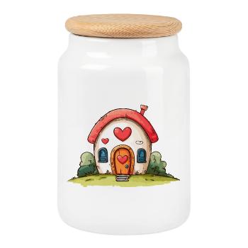Heart House Cartoon Love - Cookie Jar with Wooden Lid - white - Front