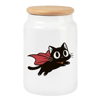 Flying Super Cat | Black cat with cape - Cookie Jar with Wooden Lid - white - Front