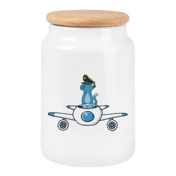 Airplane Pilot Cat - Cookie Jar with Wooden Lid - white - Front