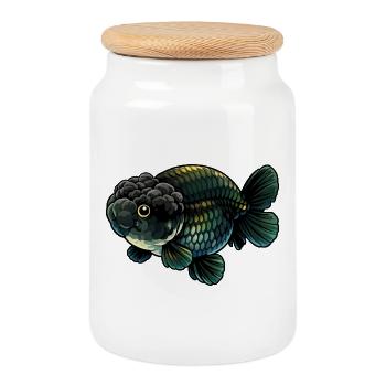 Grade Big Wen Reine Lion Noir Bleu QG Ranchu - Boîte à biscuits avec couvercle en bois - blanc - Devant