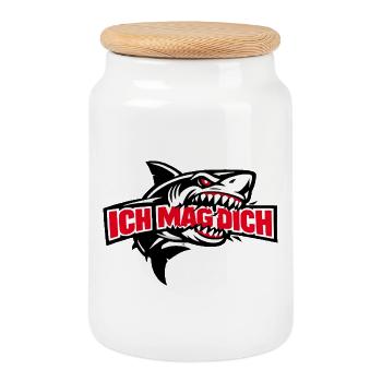 Mauvais requin avec des lettres rouges Je t’aime bien - Boîte à biscuits avec couvercle en bois - blanc - Devant