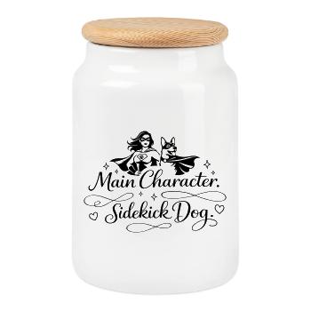 Main Character. Sidekick dog. - Cookie Jar with Wooden Lid - white - Front