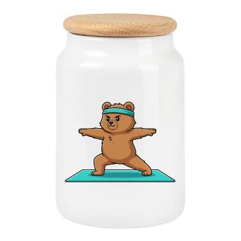 Yoga-Bär macht Krieger-Pose - Keksdose mit Holzdeckel - Weiß - Vorne