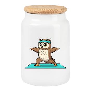 Yoga Owl Bird Doing Warrior Pose Art - Cookie Jar with Wooden Lid - white - Front