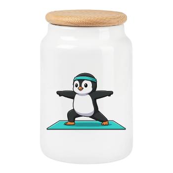 Yoga Penguin Bird Face à la posture du guerrier - Boîte à biscuits avec couvercle en bois - blanc - Devant