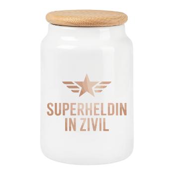Superheldin In Zivil Superhero Superhelden Kostüm - Keksdose mit Holzdeckel - Weiß - Vorne