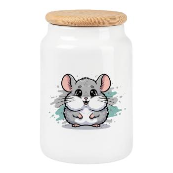 Cuddly Hamster Cartoon - Cookie Jar with Wooden Lid - white - Front