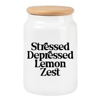 Stressed Depressed Lemon Zest Funny Quote - Cookie Jar with Wooden Lid - white - Front