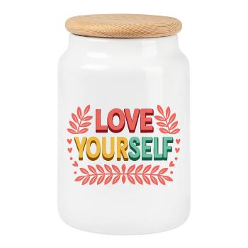 Love yourself - Cookie Jar with Wooden Lid - white - Front