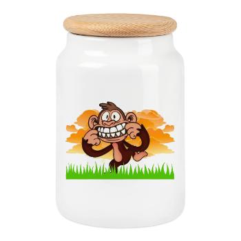 Funny Grinning Monkey Retro Cartoon Jungle Art - Keksdose mit Holzdeckel - Weiß - Vorne