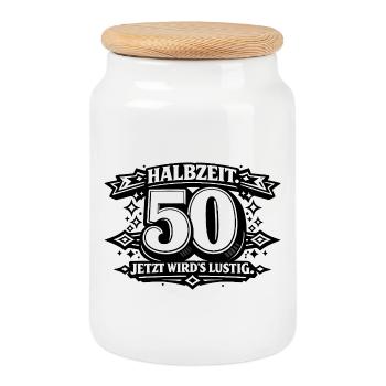 Halbzeit 50 – Jetzt wird's lustig - Keksdose mit Holzdeckel - Weiß - Vorne