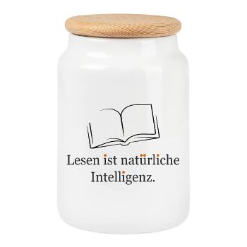 Lesen ist natürliche Intelligenz - Keksdose mit Holzdeckel - Weiß - Vorne