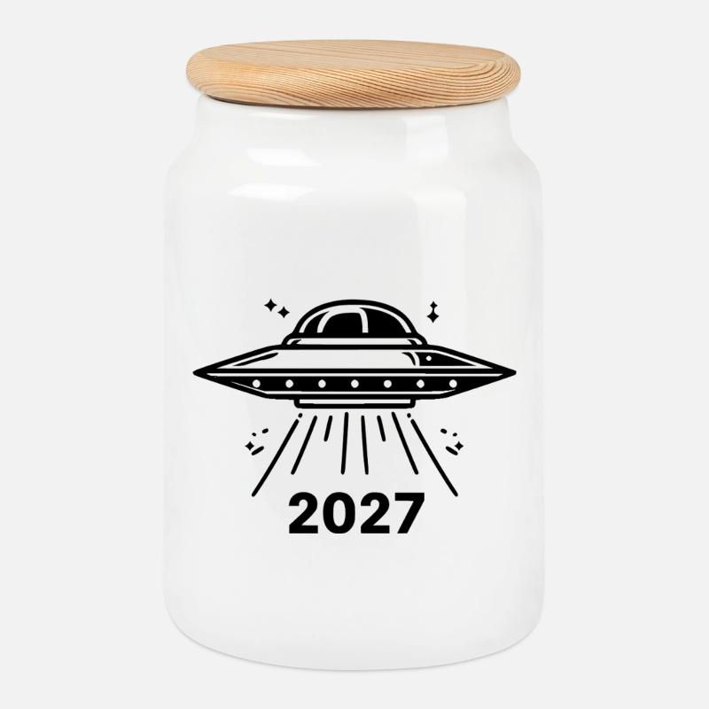 UFO black - Cookie Jar with Wooden Lid - white