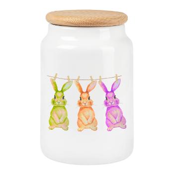 Hase T-Shirt süß Wäscheleine Osterdesign Geschenk - Keksdose mit Holzdeckel - Weiß - Vorne